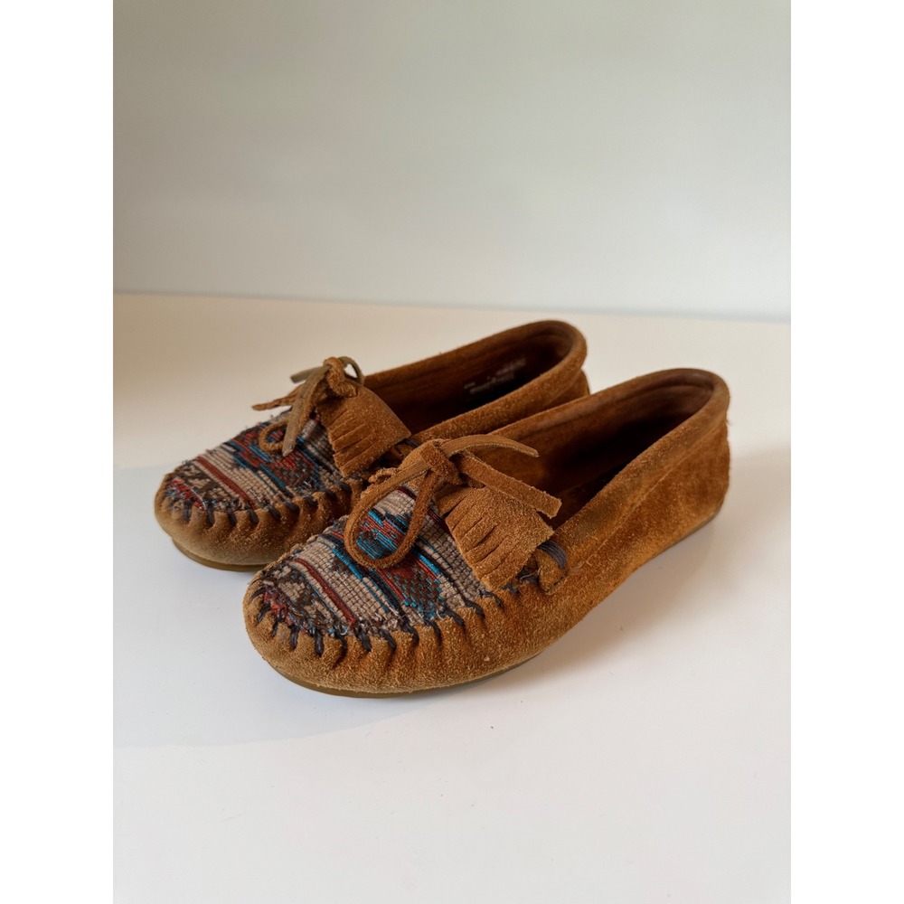 Minnetonka Womens Brown Suede Woven Fabric Moccasins Fringe Flats 472K Size 6